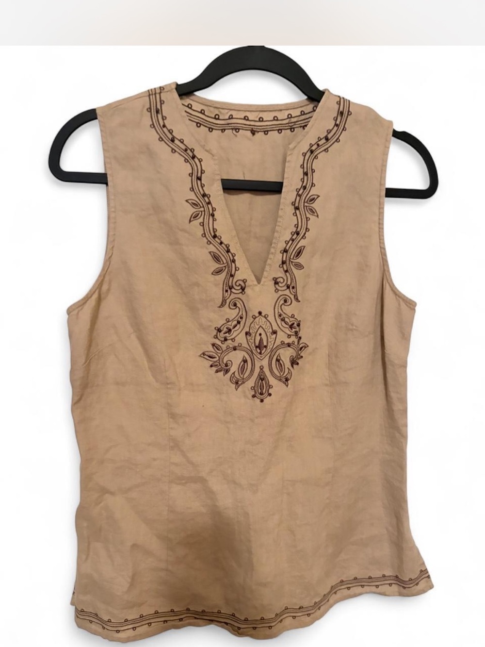 Embroidered V-Neck Sleeveless Top - Beige